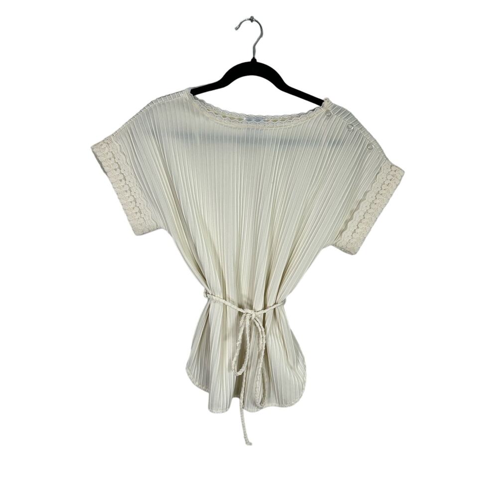 Vintage 70s Miss Kalico Cream Pin Tuck Lace Detail Waist Tie Blouse Top size M
